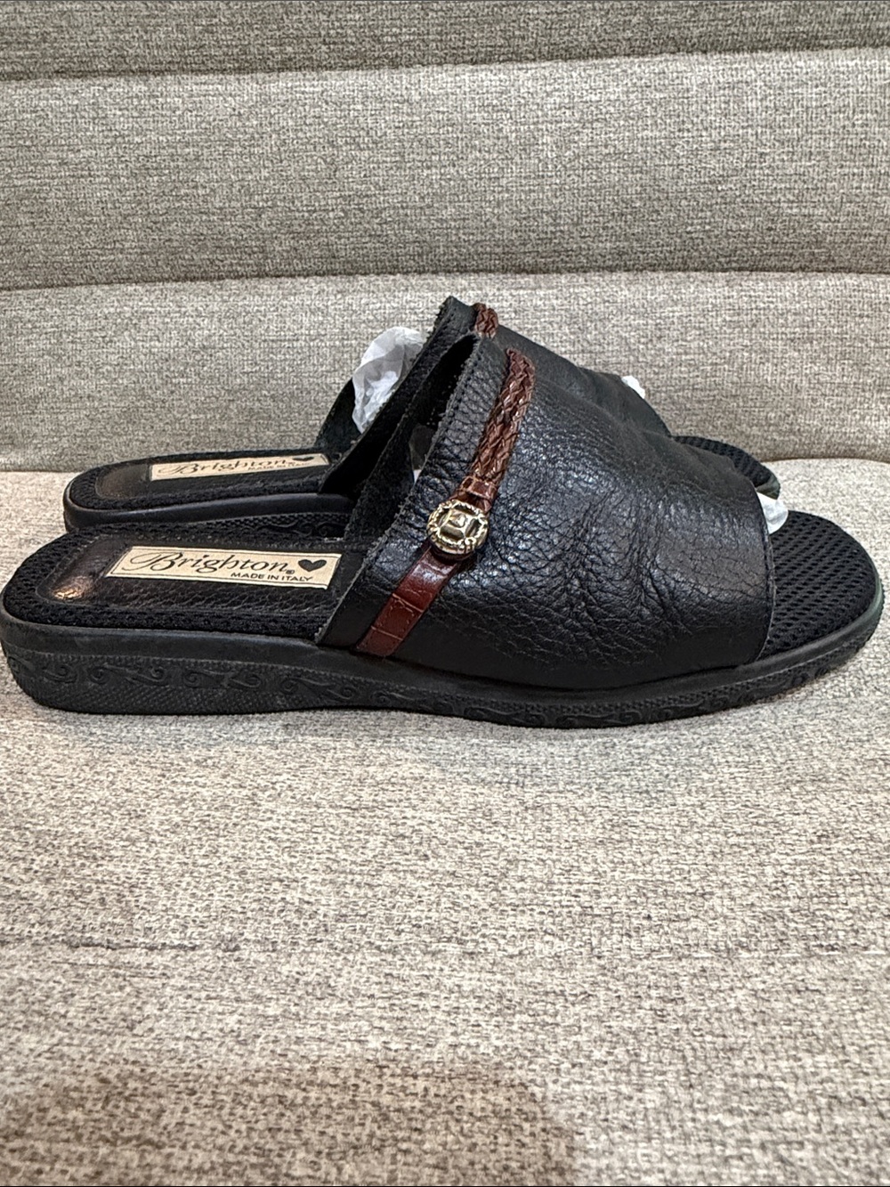 Brighton Genuine Italian Leather Black Slide Sandals with Brown Braided Accent